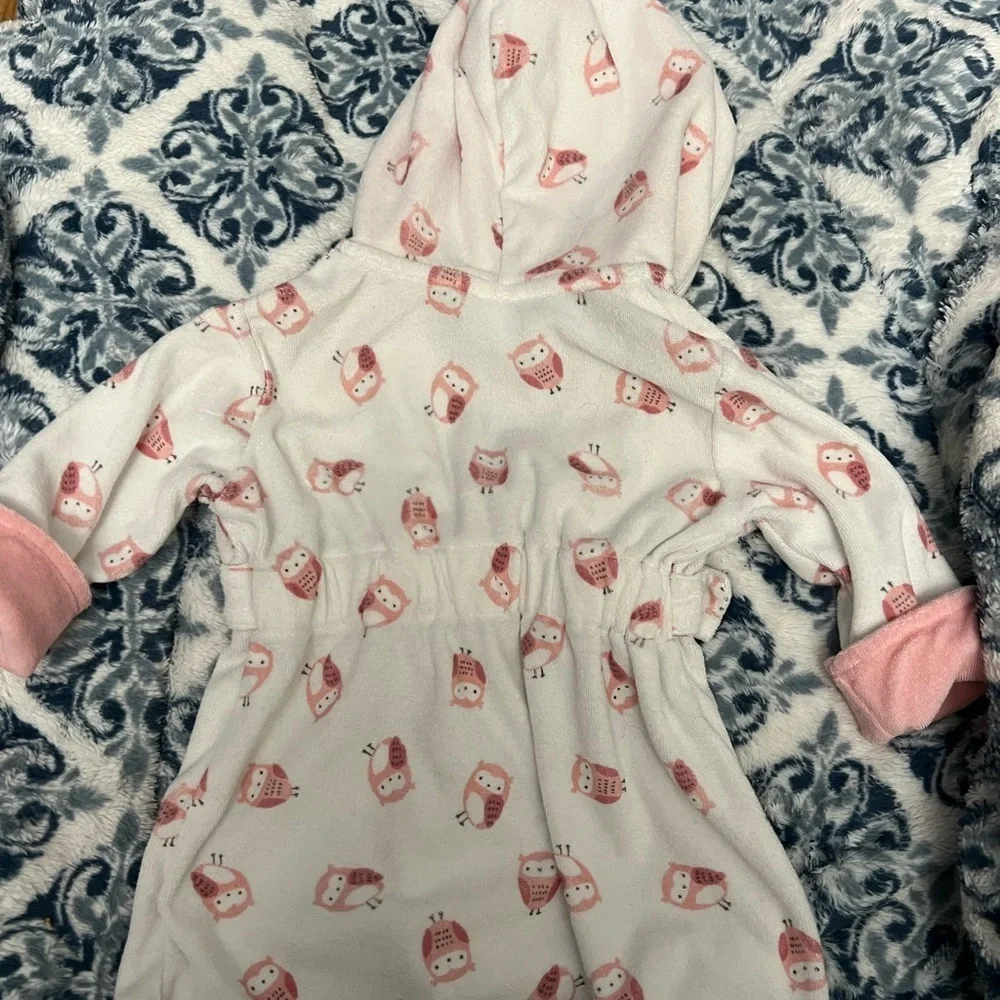 Just One You Carters Pink and White Owls Baby Girl Hooded Bathrobe Sz 0-9